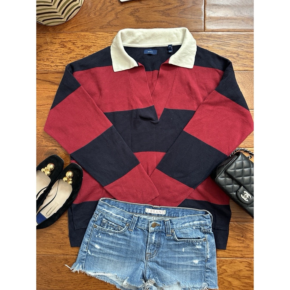 GANT Striped Rugby Polo Sweater Medium Wool Cotton Red Black Preppy Unisex